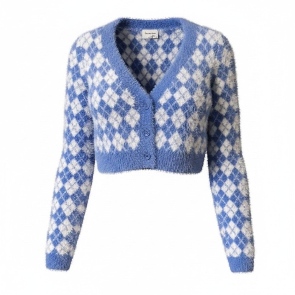 Sunday Best Argyle Cropped Cardigan Sweater Blue White Fuzzy Knit